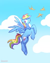 Size: 520x651 | Tagged: safe, artist:goodmode, deleted from derpibooru, imported from twibooru, rainbow dash, bird, pegasus, pony, banned from derpibooru, cloud, female, flying, image, mare, needs more jpeg, profile, sky, solo, spread wings, twibooru exclusive, wings