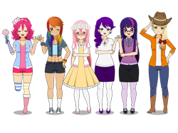 Size: 1024x768 | Tagged: safe, artist:daisyrosiegordy, imported from derpibooru, applejack, fluttershy, pinkie pie, rainbow dash, rarity, twilight sparkle, human, boots, clothes, cowboy boots, cowboy hat, glasses, hat, high heel boots, humanized, jacket, kisekae, mane six, shirt, shoes, shorts, simple background, skirt, socks, transparent background