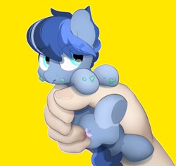 Size: 2289x2150 | Tagged: safe, artist:mochi_nation, imported from derpibooru, oc, oc only, oc:galaxy, earth pony, human, pony, cute, disembodied hand, earth pony oc, eye clipping through hair, female, food, hand, holding a pony, ice cream, in goliath's palm, mare, micro, ocbetes, offscreen character, simple background, size difference, solo focus, tiny, tiny ponies, underhoof, yellow background