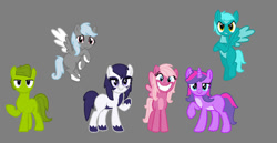 Size: 1104x570 | Tagged: safe, artist:littlesnowyowl, imported from derpibooru, earth pony, pegasus, pony, unicorn, crossover, female, flying, gray background, horn, littlest pet shop, male, mare, minka mark, penny ling, pepper clark, ponified, simple background, smiling, spread wings, stallion, sunil nevla, vinnie terrio, wings, zoe trent