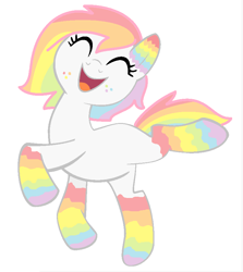 Size: 764x856 | Tagged: safe, artist:littlesnowyowl, artist:softfang, imported from derpibooru, oc, oc only, oc:melody beat, earth pony, pony, base used, eyes closed, female, freckles, mare, missing cutie mark, multicolored hair, rainbow hair, simple background, smiling, solo, white background