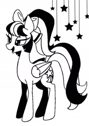 Size: 1080x1527 | Tagged: safe, artist:stacy_165cut, imported from derpibooru, oc, oc only, pegasus, pony, black and white, bow, female, folded wings, grayscale, hair bow, mare, monochrome, simple background, solo, stars, white background, wings