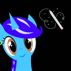 Size: 894x894 | Tagged: safe, artist:princessastro, imported from derpibooru, oc, oc only, oc:princess astro, pony, unicorn, black background, bust, ear piercing, earring, female, horn, jewelry, mare, pencil, piercing, simple background, smiling, sparkles