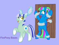 Size: 3376x2584 | Tagged: safe, artist:firepony-bases, artist:princessastro, imported from derpibooru, oc, oc only, oc:dj-flier, oc:seastar frost, pegasus, pony, unicorn, chains, feather, female, heterochromia, imminent tickles, magic, mare, ponytail, purple background, raised hoof, shrunken pupils, simple background, smiling, sparkles, stars, text