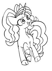 Size: 622x850 | Tagged: safe, artist:stacy_165cut, imported from derpibooru, oc, oc only, pony, unicorn, black and white, cloven hooves, female, grayscale, horn, looking up, mare, monochrome, raised hoof, simple background, solo, white background