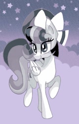 Size: 576x900 | Tagged: safe, artist:stacy_165cut, imported from derpibooru, oc, oc only, pegasus, pony, bow, cloud, female, folded wings, hair bow, mare, monochrome, raised hoof, solo, stars, wings