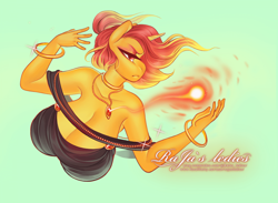 Size: 1920x1405 | Tagged: safe, artist:rajas_ledies, imported from derpibooru, oc, oc only, anthro, unicorn, bare shoulders, big breasts, black dress, bracelet, breasts, bust, cleavage, clothes, dress, female, fire, flowing mane, frown, green background, heart, heart eyes, huge breasts, jewelry, lidded eyes, magic, necklace, not sunset shimmer, off shoulder, simple background, solo, sorceress, spell, wingding eyes