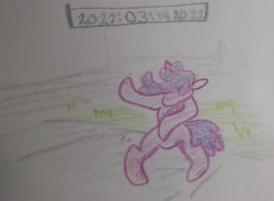 Size: 2048x1499 | Tagged: safe, artist:pony quarantine, imported from derpibooru, berry punch, berryshine, earth pony, pony, ask, ask pony crayontine, bipedal, crayon drawing, dancing, female, mare, solo, traditional art