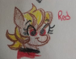 Size: 2048x1608 | Tagged: safe, artist:pony quarantine, imported from derpibooru, oc, oc only, oc:red the prostitute, earth pony, pony, ask pony crayontine, bust, crayon drawing, female, mare, smiling, solo, traditional art