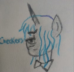 Size: 2048x1990 | Tagged: safe, artist:pony quarantine, imported from derpibooru, oc, oc:checkers, pony, unicorn, ask pony crayontine, bowtie, bust, crayon drawing, hair over one eye, solo, traditional art