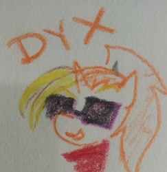 Size: 1987x2048 | Tagged: safe, artist:pony quarantine, imported from derpibooru, oc, oc only, oc:dyx, alicorn, pony, ask pony crayontine, bust, crayon drawing, female, filly, foal, smiling, solo, sunglasses, traditional art