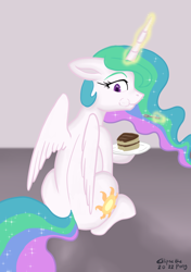 Size: 1200x1700 | Tagged: safe, artist:eklipsethepony, imported from derpibooru, princess celestia, alicorn, pony, cake, cakelestia, cute, eating, female, food, looking back, magic, mare, solo, sunbutt, telekinesis