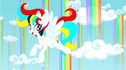 Size: 673x374 | Tagged: safe, artist:stacy_165cut, imported from derpibooru, oc, oc only, pegasus, pony, bow, cloud, female, hair bow, mare, rainbow, rainbow waterfall, sky, solo, spread wings, wings