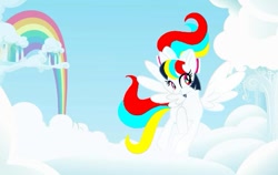 Size: 539x341 | Tagged: safe, artist:stacy_165cut, imported from derpibooru, oc, oc only, pony, bow, cloud, female, hair bow, mare, rainbow, solo, spread wings, wings