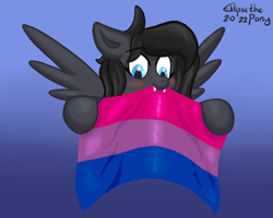 Size: 1000x800 | Tagged: safe, artist:eklipsethepony, imported from derpibooru, oc, oc only, oc:eklipse, pegasus, pony, bisexual male, bisexual pride flag, fangs, flag, gradient background, hooves, male, pride, pride flag, pride month, solo, spread wings, stallion, wings