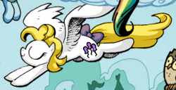 Size: 313x160 | Tagged: safe, artist:andypriceart, edit, idw, imported from derpibooru, owlowiscious, surprise, bird, owl, pegasus, pony, the return of queen chrysalis, adoraprise, balloon, bow, cloud, cropped, cute, eyes closed, female, flying, g1, g1 to g4, g4, generation leap, male, mare, multicolored hair, rainbow hair, sky, smiling, spread wings, tail, tail bow, wings