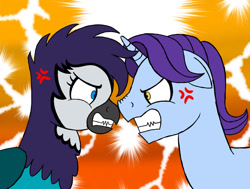 Size: 1280x966 | Tagged: safe, artist:gregory-the-griffon, imported from derpibooru, november rain, oc, griffon, unicorn, angry, cross-popping veins, friendship student, griffon oc, gritted teeth, looking at each other, looking at someone, nose to nose, nose wrinkle, teeth