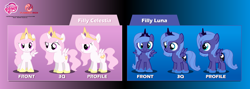 Size: 3800x1350 | Tagged: safe, artist:jordo76, imported from derpibooru, princess celestia, princess luna, alicorn, pony, cewestia, clothes, crown, female, filly, filly celestia, filly luna, foal, front view, g4, jewelry, my little pony logo, pink-mane celestia, profile, regalia, royal sisters, shoes, show accurate, siblings, side view, sisters, smiling, text, turnaround, woona, young celestia, young luna, younger