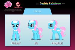 Size: 1317x873 | Tagged: safe, artist:flamingo1986, imported from derpibooru, lotus blossom, earth pony, pony, doublerainboom.com, female, front view, mare, my little pony logo, profile, side view, smiling, spa pony, text, turnaround