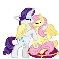 Size: 500x500 | Tagged: safe, artist:littlesnowyowl, imported from derpibooru, fluttershy, rarity, pegasus, pony, unicorn, bipedal, duo, eyes closed, eyeshadow, female, flarity, horn, hug, lesbian, makeup, mare, pillow, shipping, simple background, sitting, smiling, spread wings, transparent background, winghug, wings