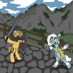 Size: 750x750 | Tagged: safe, artist:rfp, imported from derpibooru, oc, bat pony, pegasus, pony, axe, bipedal, fence, for honor, mountain, shield, sword, weapon
