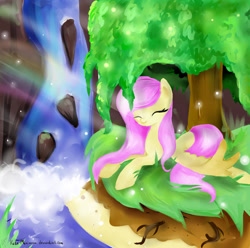 Size: 1600x1590 | Tagged: safe, artist:katemaximova, imported from derpibooru, fluttershy, pegasus, pony, eyes closed, female, lying down, mare, outdoors, prone, solo, tree, water, waterfall, wings