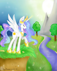 Size: 1600x2000 | Tagged: safe, artist:katemaximova, imported from derpibooru, princess celestia, alicorn, pony, female, glowing, glowing horn, horn, jewelry, magic, mare, outdoors, raised hoof, regalia, river, solo, spread wings, tree, water, wings