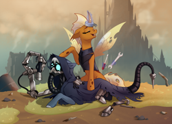 Size: 3176x2300 | Tagged: safe, artist:28gooddays, imported from derpibooru, oc, oc only, oc:dawn strike, oc:gear works, changeling, cyborg, cyborg pony, earth pony, pony, amputee, augmentation, augmented, broken, changeling oc, commission, crossover, crying, damaged, dark mechanicus, duct tape, duo, earth pony oc, hive city, injured, magic, mask, not smolder, prosthetic leg, prosthetic limb, prosthetics, respirator, robotic arm, screwdriver, servo arm, tape, techpriest, telekinesis, this will end in tears, warhammer (game), warhammer 40k, wrench, yellow changeling