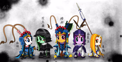 Size: 3428x1750 | Tagged: safe, artist:questionmarkdragon, imported from derpibooru, oc, oc only, pony, unicorn, abstract background, armor, chinese, female, group, helmet, horn, male, mare, smiling, spear, stallion, unicorn oc, weapon