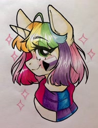 Size: 1568x2048 | Tagged: safe, artist:madkadd, imported from derpibooru, oc, oc only, pony, unicorn, bust, clothes, eyelashes, female, horn, mare, multicolored hair, rainbow hair, scarf, smiling, solo, traditional art, unicorn oc