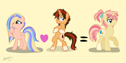 Size: 4417x2231 | Tagged: safe, artist:xcosmicghostx, imported from derpibooru, oc, oc only, unicorn, bipedal, female, heart, horn, male, mare, parents:canon x oc, signature, simple background, smiling, stallion, unicorn oc, yellow background