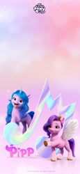 Size: 1080x2341 | Tagged: safe, imported from derpibooru, izzy moonbow, pipp petals, pegasus, pony, unicorn, abstract background, female, g5, mare, my little pony logo, official, phone wallpaper, text, weibo
