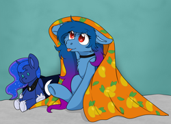 Size: 4040x2928 | Tagged: safe, artist:rokosmith26, imported from derpibooru, princess luna, oc, oc:tazzee, bat pony, pony, :p, bat pony oc, blanket, cheek fluff, chest fluff, collar, commission, female, floppy ears, food, jewelry, looking up, mare, plushie, pony plushie, sitting, smiling, solo, tongue out, two toned mane, ych result