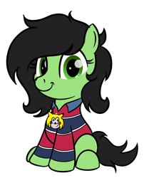 Size: 2923x3620 | Tagged: safe, artist:trash anon, imported from derpibooru, oc, oc only, oc:filly anon, earth pony, pony, chris chan, clothes, drawthread, earth pony oc, female, filly, foal, male, medallion, polo shirt, simple background, sitting, smiling, solo, sonic the hedgehog, sonic the hedgehog (series), sonichu, white background