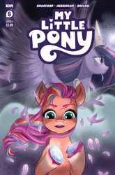 Size: 2063x3131 | Tagged: safe, idw, imported from derpibooru, sunny starscout, twilight sparkle, alicorn, earth pony, pony, spoiler:comic, spoiler:g5comic, spoiler:g5comic06, comic cover, duo, duo female, earth pony crystal, feather, female, frown, g5, high res, holding, mare, my little pony logo, my little pony: a new generation, official, official comic, older, older twilight, open mouth, princess twilight 2.0, spread wings, text, twilight sparkle (alicorn), unicorn crystal, wings