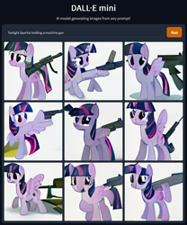 Size: 768x923 | Tagged: safe, imported from derpibooru, twilight sparkle, alicorn, pony, ai content, ai generated, female, generator:craiyon, gun, implied insertion, machine gun, machine learning abomination, mare, trigger discipline, twilight sparkle (alicorn), wat, weapon, what has science done