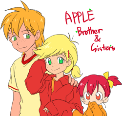 Size: 793x754 | Tagged: safe, artist:re_ghotion, imported from derpibooru, apple bloom, applejack, big macintosh, human, apple siblings, apple sisters, brother and sister, humanized, siblings, simple background, sisters, white background, younger