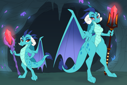 Size: 3999x2687 | Tagged: safe, artist:blithedragon, imported from derpibooru, princess ember, anthro, digitigrade anthro, dragon, fanfic:the lost element, age progression, anthrofied, bloodstone scepter, blushing, breasts, broken horn, cave, dragon lord ember, dragoness, fanfic art, female, glowing, glowing gems, hand on hip, happy, high res, horn, inviting you, lidded eyes, lizard breasts, looking at you, milf, older, older ember, reaching, smiling, smiling at you, solo, stalactite, thicc thighs