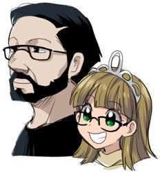 Size: 420x452 | Tagged: safe, artist:re_ghotion, imported from derpibooru, nightjar, zippoorwhill, human, beard, bust, cute, facial hair, father and child, father and daughter, female, glasses, grin, humanized, jewelry, male, portrait, simple background, smiling, tiara, white background, zippoorbetes