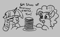 Size: 329x204 | Tagged: safe, artist:jargon scott, artist:kabayo, imported from derpibooru, pinkie pie, twilight sparkle, earth pony, pony, unicorn, aggie.io, cheese, dialogue, duo, female, floppy ears, food, gray background, grayscale, lowres, mare, monochrome, plate, reference, sick, simple background, smiling, table, talking, the simpsons, this will end in constipation, tongue out, wavy mouth