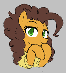 Size: 343x379 | Tagged: safe, artist:kabayo, imported from derpibooru, cheese sandwich, earth pony, pony, aggie.io, clothes, dress, female, gray background, grilled cheese (r63), looking at you, mare, rule 63, simple background, smiling, solo