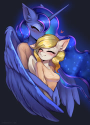 Size: 1447x2005 | Tagged: safe, artist:shoggoth-tan, imported from derpibooru, princess luna, oc, oc:starfyre, alicorn, anthro, pegasus, blushing, breasts, canon x oc, clothes, commission, cute, duo, ear fluff, eyes closed, featured image, female, floating heart, heart, horn, hug, hug from behind, kissing, lesbian, lunabetes, ocbetes, shirt, t-shirt, winghug, wings