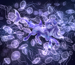 Size: 1500x1300 | Tagged: safe, artist:scarletsfeed, imported from derpibooru, oc, oc only, hybrid, jellyfish, merpony, original species, shark, shark pony, digital art, dorsal fin, ear fluff, female, fish tail, flowing mane, glowing, mare, ocean, open mouth, pink eyes, purple mane, smiling, solo, swimming, tail, underwater, water