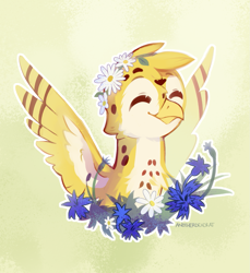 Size: 1161x1266 | Tagged: safe, artist:anotherdeadrat, imported from derpibooru, oc, oc only, oc:beaky, griffon, fanfic:yellow feathers, bust, flower, griffon oc, portrait, solo