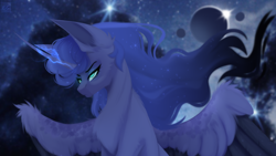 Size: 3840x2160 | Tagged: safe, artist:elektra-gertly, imported from derpibooru, princess luna, alicorn, pony, angry, ethereal mane, magic, night, scowl, solo, space, spread wings, wings