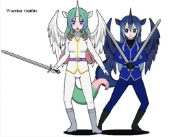 Size: 621x500 | Tagged: safe, artist:tvngames, imported from derpibooru, princess celestia, princess luna, human, belt, boots, clothes, cropped, fantasy class, horn, humanized, kisekae, pants, shirt, shoes, simple background, sword, uniform, warrior, weapon, white background, wings