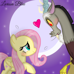 Size: 720x720 | Tagged: safe, artist:mlplary6, imported from derpibooru, discord, fluttershy, draconequus, pegasus, pony, blushing, discoshy, female, heart, looking at each other, looking at someone, male, mare, moon, shipping, signature, smiling, straight