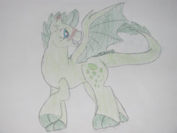 Size: 2828x2121 | Tagged: safe, artist:littlelifedoodles, imported from derpibooru, oc, oc only, oc:turquoise blitz, dracony, hybrid, grin, interspecies offspring, male, offspring, parent:rarity, parent:spike, parents:sparity, smiling, solo, traditional art