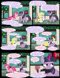 Size: 1042x1358 | Tagged: safe, artist:dendoctor, imported from derpibooru, mean twilight sparkle, pinkie pie, surprise, twilight sparkle, alicorn, earth pony, pony, comic:clone.., adoraprise, alternate universe, christmas, christmas lights, clone, clothes, comic, cute, diapinkes, earth pony surprise, female, g1, g1 to g4, g4, generation leap, glowing, glowing horn, hearth's warming eve, holiday, horn, jewelry, magic, mare, pendant, pinkie being pinkie, pinkie clone, race swap, scarf, sign, snow, soda, surprise being surprise, telekinesis, twiabetes, twilight sparkle (alicorn), wreath