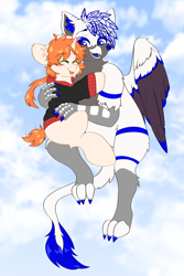 Size: 2000x3000 | Tagged: safe, artist:etoz, imported from derpibooru, oc, oc only, oc:etoz, oc:light speed, griffon, pony, unicorn, blushing, clothes, cloud, commission, cute, eyebrows, eyes closed, female, flying, griffon oc, happy, hoodie, horn, male, mare, sitting, sky, tongue out, unicorn oc, wings